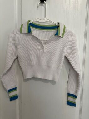 Cropped White Knit Polo with Green & Blue Trim